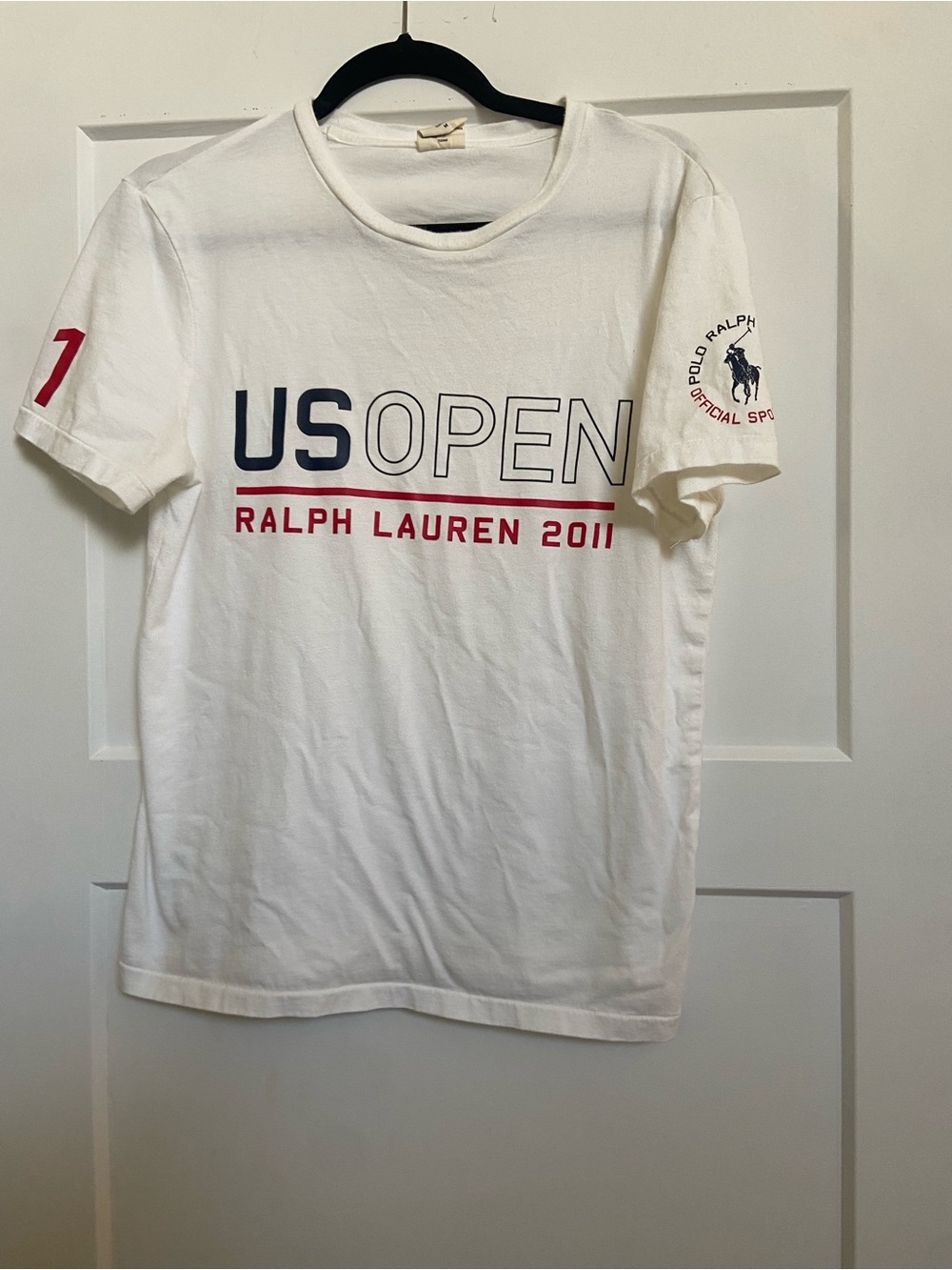 Ralph Lauren White US Open Logo Short Sleeve Tee with Navy & Red Accents